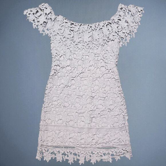 ASTR Lilac Lace Crochet Mini Dress Large Off Shoulder Cocktail Party Summer Glam - Picture 2 of 12